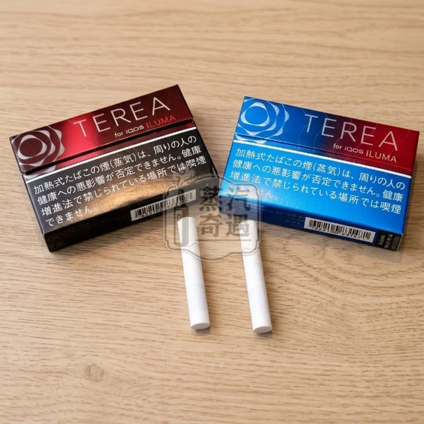 日本TEREA口味-2種口味的包裝盒與煙彈放在桌面上