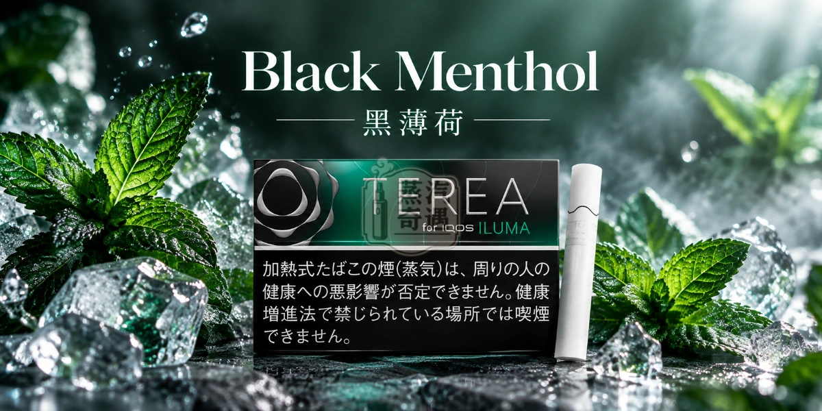 日本TEREA Black Menthol黑薄荷口味介紹圖，呈現強勁冰涼薄荷、淡雅草本、微苦尾韻與乾爽冷冽感