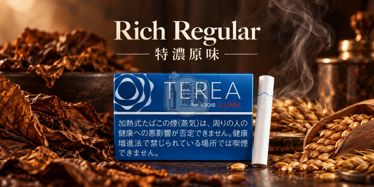 日本TEREA Rich Regular特濃原味口味介紹圖,呈現濃厚菸草、低調麥芽與沉穩烘焙香氣