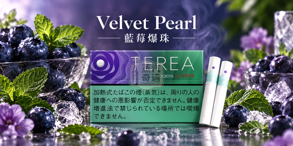 日本TEREA Velvet Pearl藍莓爆珠口味介紹圖，呈現持續清爽薄荷、藍莓酸甜果香與輕盈優雅香氣